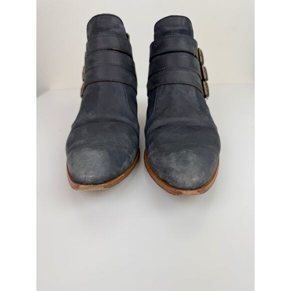 MODERN VICE NYC Made Blue Suede Triple Buckle Pointed Toe Chloe Booties Size 38 - Picture 4 of 9